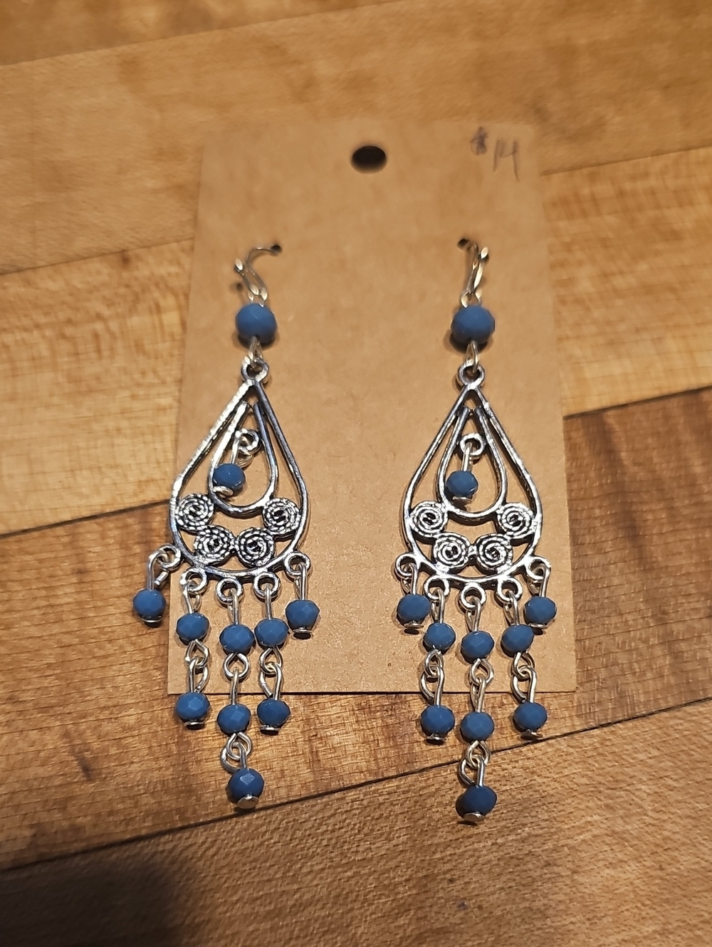 Silver Tone Dangle Earrings With Blue Beading